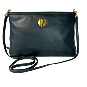 Anne Klein II Logo Leather Crossbody Bag Navy Blue Gold Medallion Vintage 90s